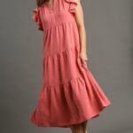 Umgee Split Neck A-Line Tiered Midi Dress in Coral Pink