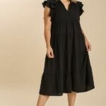 Umgee Tiered Midi Dress with Ruffled Sleeves in Black ON ORDER